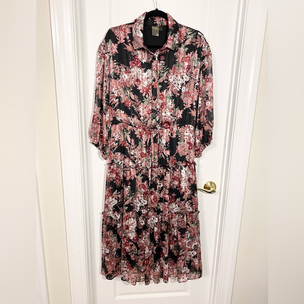 Taylor Metallic Floral Long Sleeve Button Front Tiered Skirt Dress Pink Black 12
